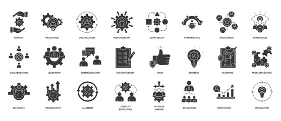 Naklejka premium Team Work And Management glyph icon set collection. Icon pack contain collaboration, leadership, communication, coordination, accountability, trust, strategy, planning, delegation, motivation.