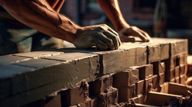 artistry of a dedicated worker as they lay bricks and cement, capturing the essence of craftsmanship in the construction industry