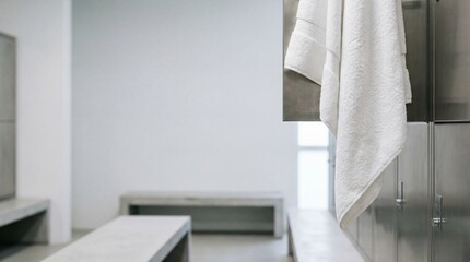 Obraz premium White towel hanging on metal locker in a modern minimalist gym changing room