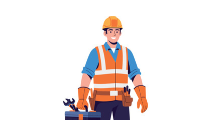 Fototapeta premium Happy construction worker or repairman wearing a safety helmet and orange vest while carrying a blue tool box on a white background.