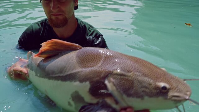 Angler Lifting Large Redtail Catfish From Water Over Landing Net With Splashing Drops And Movement, Catch And Release Fishing