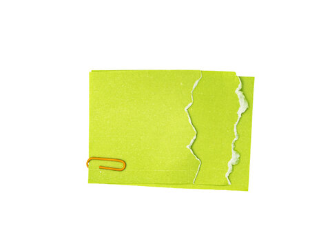 Torn green paper note card with rough edges and orange paperclip on Transparent background, copy space for message, minimalist stationery concept.
