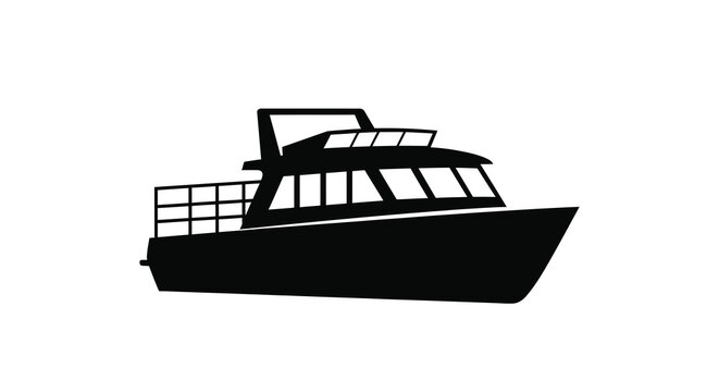 A stark black silhouette depicts a cabin cruiser boat showcasing its streamlined form and nautical design high quality