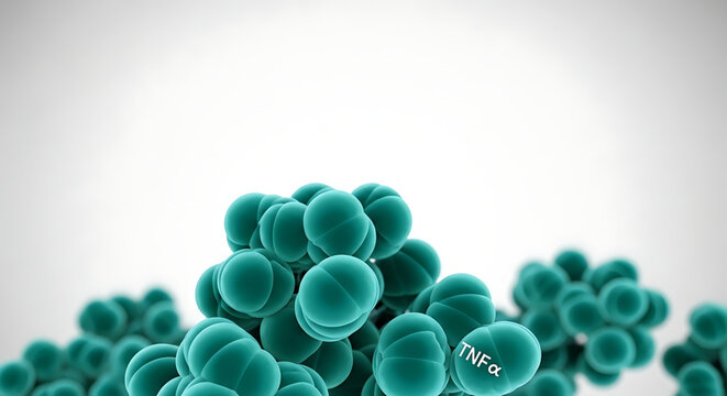 A 3D illustration of green cells with one cell labeled TNF alpha on a white background
