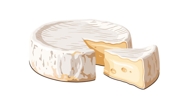 Realistic illustration of a whole round of soft white brie or camembert cheese with a single wedge removed on a white background.