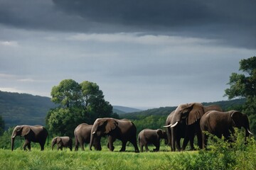 Obraz premium Elephants Walking in Line Across Green Field Under Cloudy Sky During Daytime