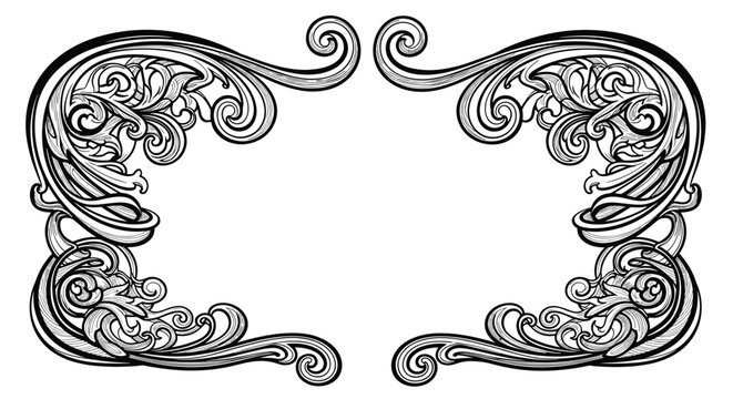 Highly detailed black and white filigree frame corner design featuring baroque scrolls and decorative leaf patterns.
