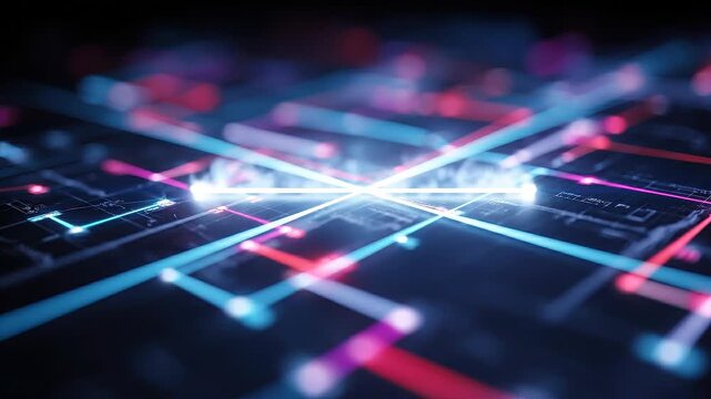 Seamless loop digital operations network animation, functional color coded systems, corporate technology background.