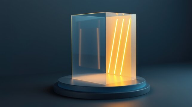 Glowing rectangular prism sits atop circular pedestal. Orange light emanates from within structure, illuminating surrounding space. Minimalist design.