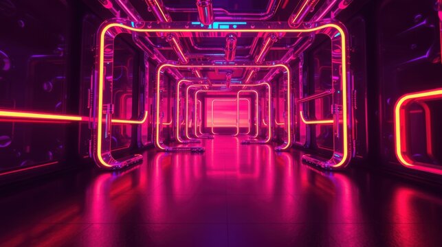 Futuristic corridor glows with vibrant neon lights. Repeating geometric shapes create depth, suggesting endless passage. Dark surfaces amplify luminosity.
