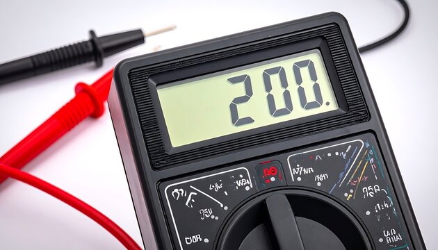 A digital multimeter displaying 2.00 with red and black probes