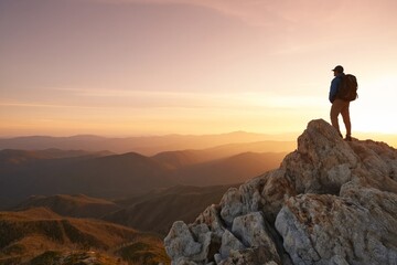 Fototapeta premium Hiker Stands on Mountain Peak Looking at Sunset Over Distant Hills and Valleys in Evening