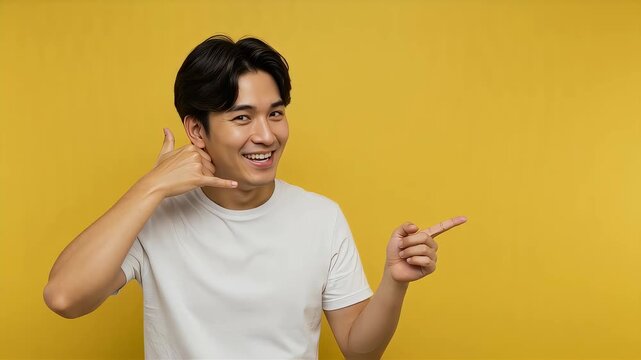 電話のポーズで右側を指差す笑顔の日本人男性。黄色背景でポジティブな印象。