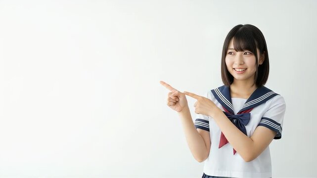 制服姿で笑顔で指差す女子高校生。白背景でフレッシュなスクールライフ。