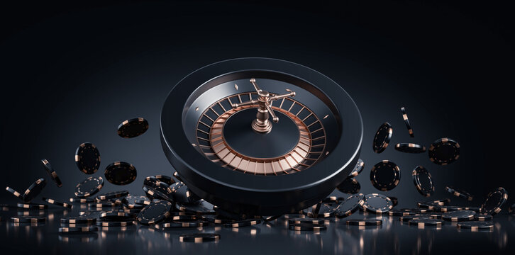 Roulette wheel with scattered casino chips in metallic style on a deep studio background, concept of gambling fortune, risk, excitement and chance, 3D Rendering