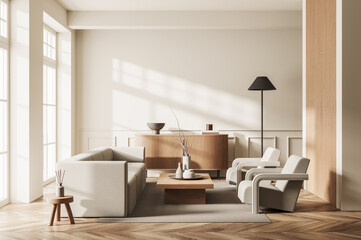 Bright minimalist interior with modern furniture in soft tones, in realistic style on warm daylight background, concept of calm space, 3D Rendering © ImageFlow