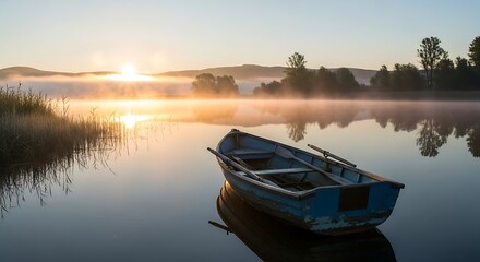 Obraz premium Serene lake scene with small boat.