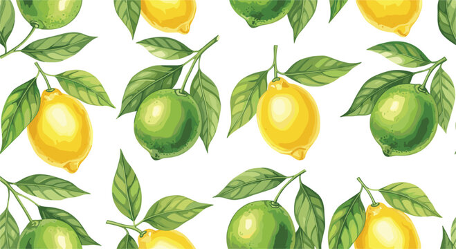 Lemon and Lime Pattern Illustration with Fresh Green and Yellow Fruits and Leaves for Food and Nature Designs