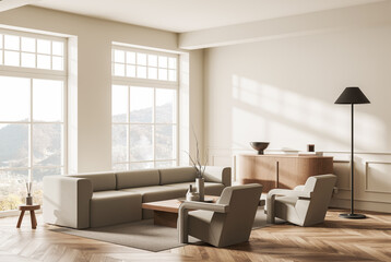 Fototapeta premium Modern living room interior with soft furnishings and natural wood elements in minimalist style on a bright background, concept of calm space, 3D Rendering