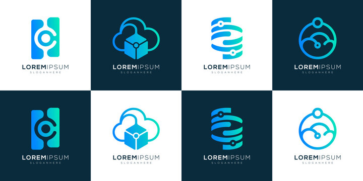 Collections of Technology Logo Design Inspirations. Cloud Computing and Digital Connection Symbols. Geometric abstract vector icon symbol blue cyan gradient.