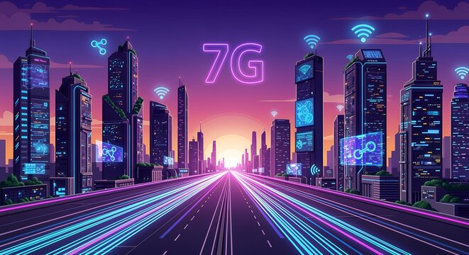 Futuristic cityscape with 7 g network connectivity, glowing skyscrapers and light trails