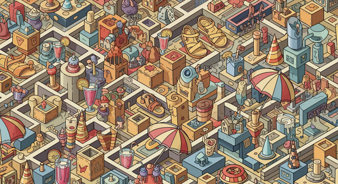 vibrant isometric amusement park carnival maze pattern