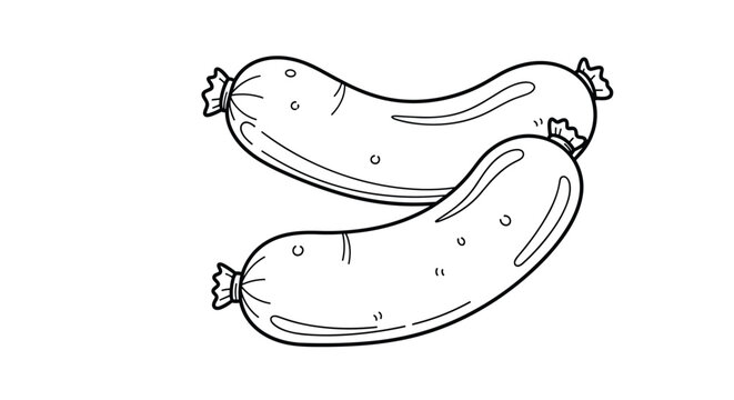 Simple black and white sketch of two large sausages with tied ends and light texture details isolated on a white background.