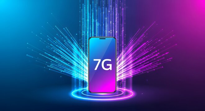 Smartphone displaying 7 g text surrounded by blue and purple digital light streaks