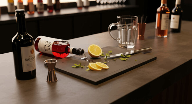 Cocktail preparation with wine bottles and lemons on bar counter