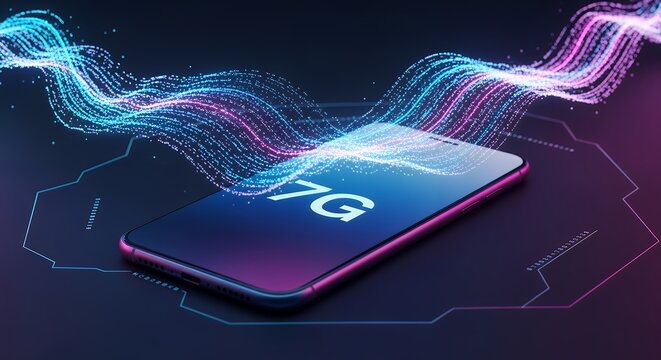 Smartphone displaying 7 g text with glowing blue and pink digital data wave particles, dark