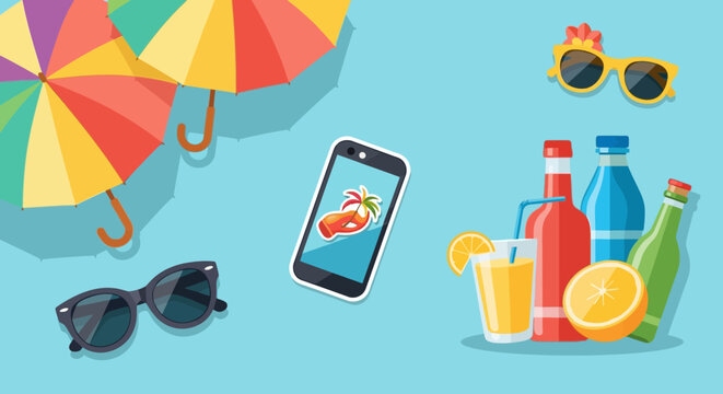 Summer vacation icons with umbrella, sunglasses, smartphone, drinks and fruit