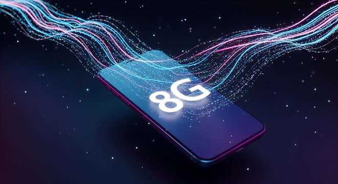 Smartphone displaying 8 g text with glowing blue and pink data stream light trails, dark background