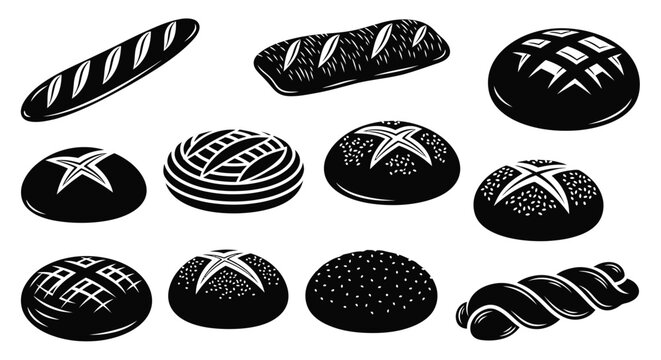 Variety of breads in a black and white graphic illustration silhouette