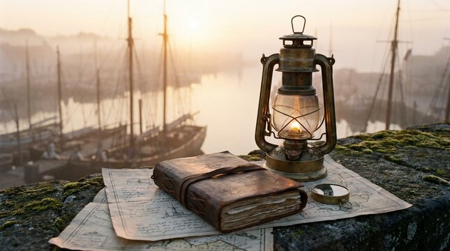 vintage lantern, journal, compass, maps on stone wall against foggy harbor with sailing ships at sunrise. maritime exploration concept. banner, website header, poster with copyspace.