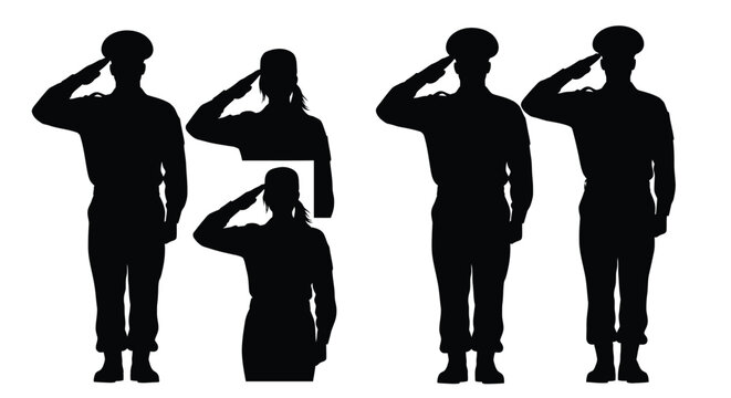 Saluting military personnel in a row black and white illustration silhouette