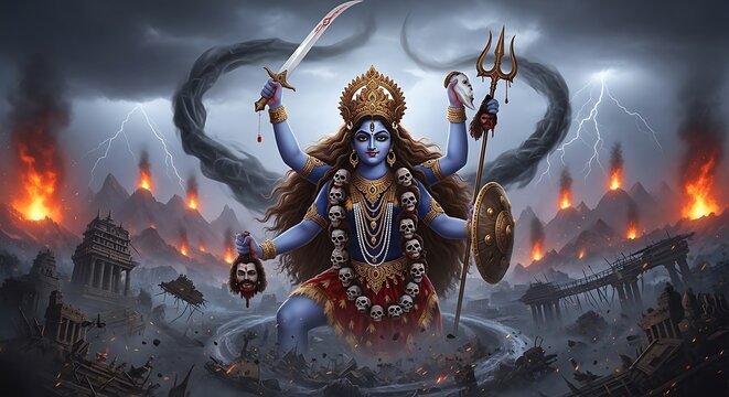 Hindu Goddess Durga in Battle Scene.