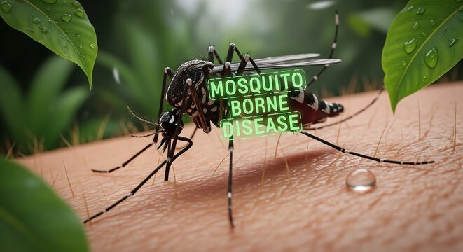 Mosquito on human skin with mosquito-borne disease warning overlay in nature