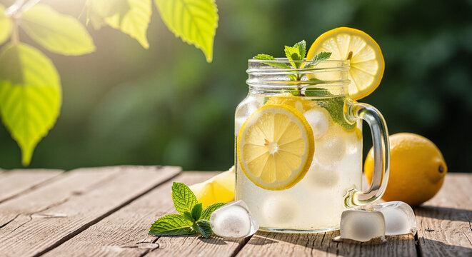 Lemonade in a jar with fresh mint on a wooden table with green background