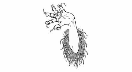Fototapeta premium A drawing of a hairy arm with sharp, claw-like fingernails and rings