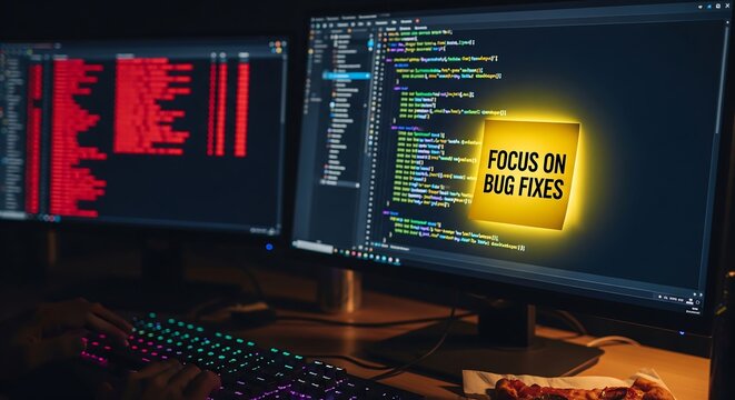 Programmer debugging code on computer screen with focus on bug fixes in dark office
