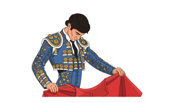 Traditional spanish matador dressed in a blue suit of lights looks down while holding a red muleta cape during a formal event.