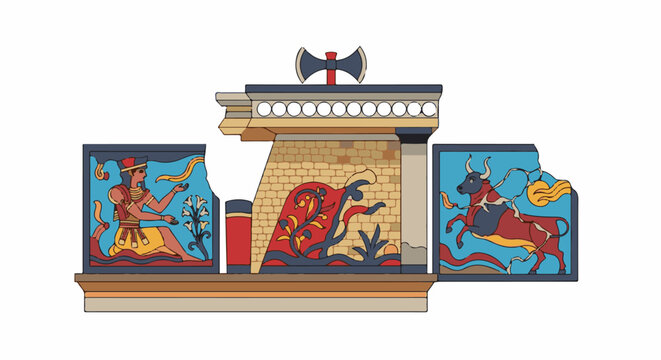 Ancient Minoan fresco depicting a bull, a figure with flowers, and a double axe