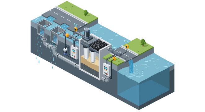 Isometric Smart City Urban Water Treatment and Filtration System Illustration with IoT Sensors for Environmental Protection and Sustainable Infrastructure
