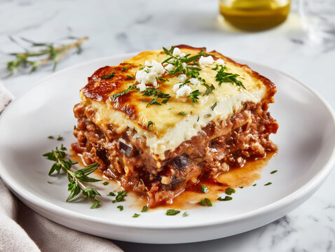 Moussaka, a baked layered casserole, often called "Greek lasagna," featuring eggplant, a rich tomato-based meat sauce (usually lamb or beef), and a creamy b&eacute;chamel topping