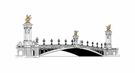 Obraz premium Ornate stone bridge with golden winged figures atop grand pillars, illuminated by lamps