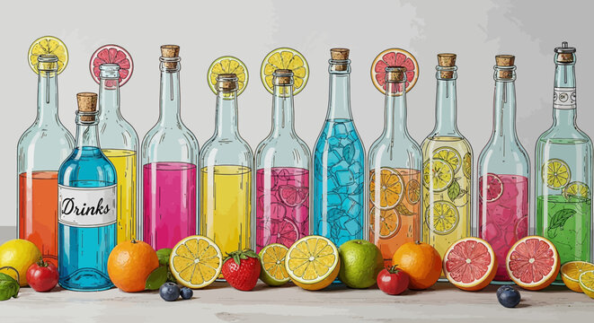 Colorful bottles of flavored drinks with fruits on a table