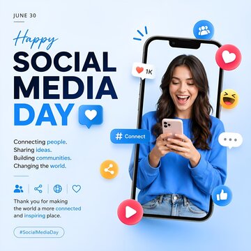 Happy social media day with woman using smartphone surrounded by icons, internet