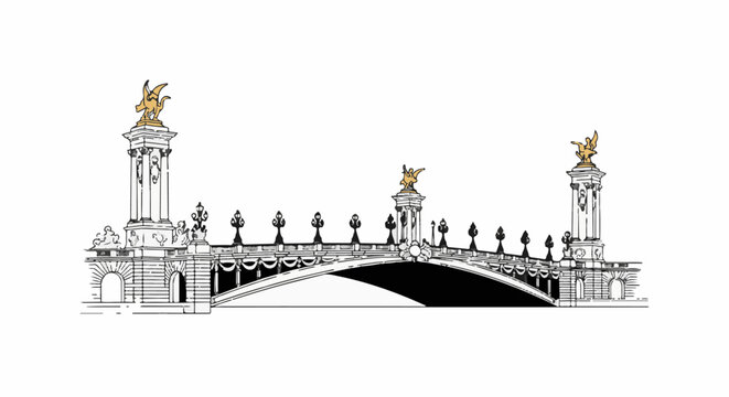 Ornate stone bridge with golden winged figures atop grand pillars, illuminated by lamps