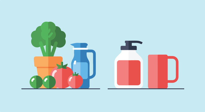 This minimalist flat vector design showcases a potted green plant, fresh red tomatoes, a blue water jug, a soap dispenser, and a simple red mug.