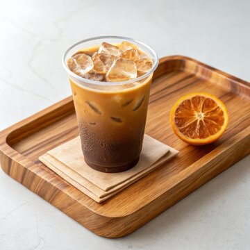 Refreshing Iced Coffee with Orange on a Wooden Tray with Ice Cubes and Coaster